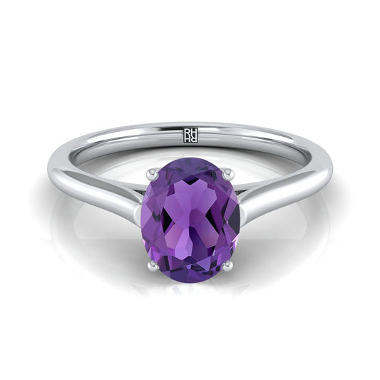 Platinum Oval Amethyst Cathedral Style Comfort Fit Solitaire Engagement Ring