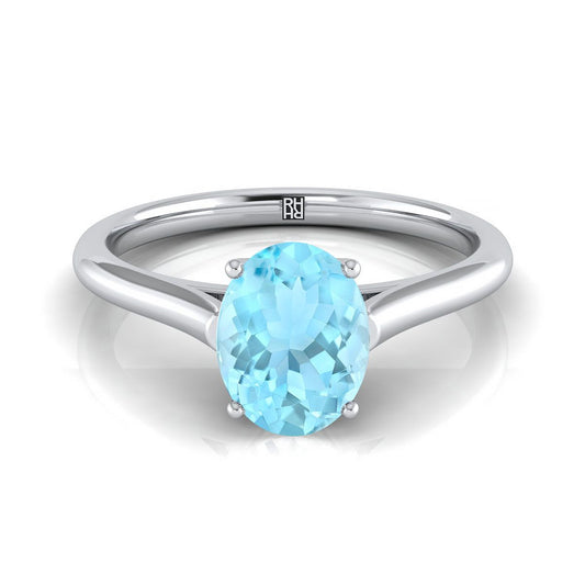 18K White Gold Oval Aquamarine Cathedral Style Comfort Fit Solitaire Engagement Ring