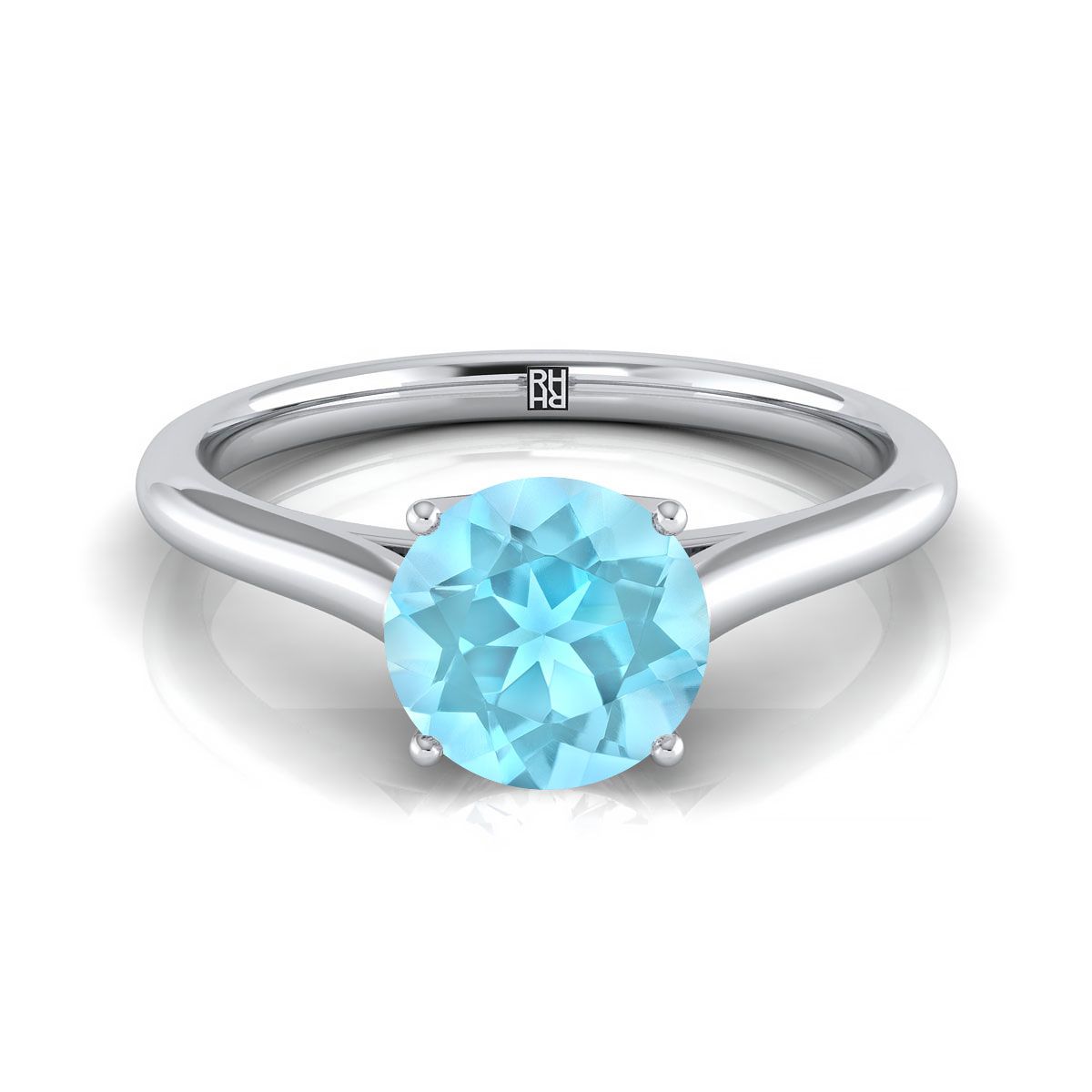 14K White Gold Round Brilliant Aquamarine Cathedral Style Comfort Fit Solitaire Engagement Ring