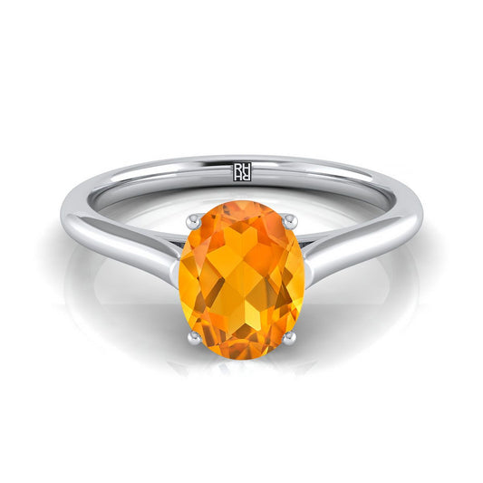 14K White Gold Oval Citrine Cathedral Style Comfort Fit Solitaire Engagement Ring