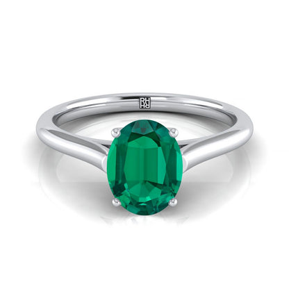 14K White Gold Oval Emerald Cathedral Style Comfort Fit Solitaire Engagement Ring