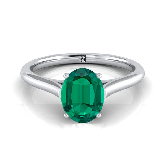 18K White Gold Oval Emerald Cathedral Style Comfort Fit Solitaire Engagement Ring