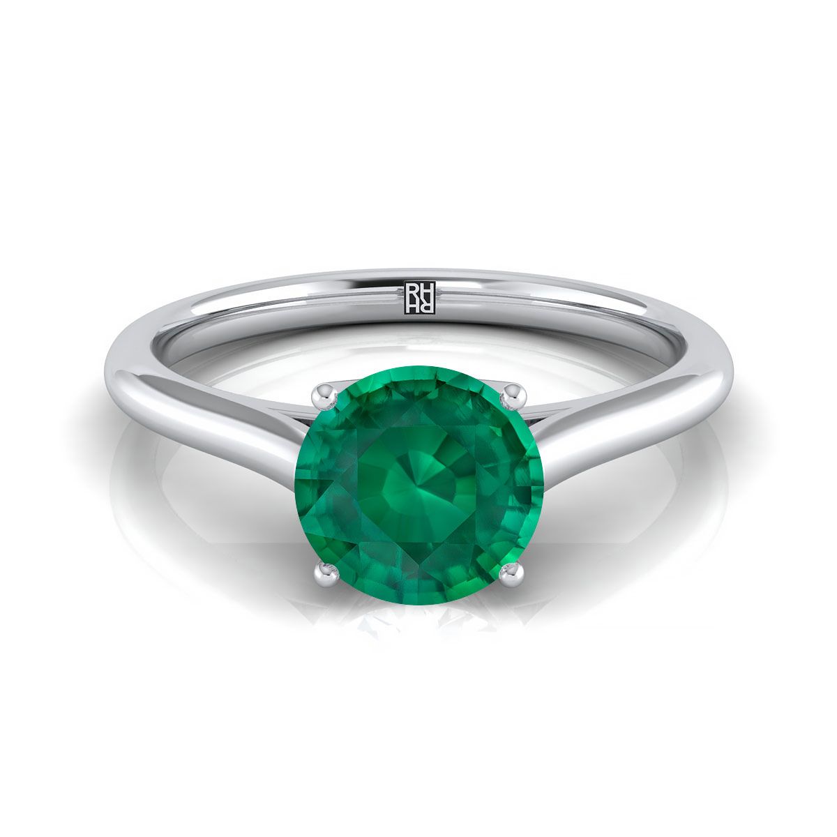 Platinum Round Brilliant Emerald Cathedral Style Comfort Fit Solitaire Engagement Ring