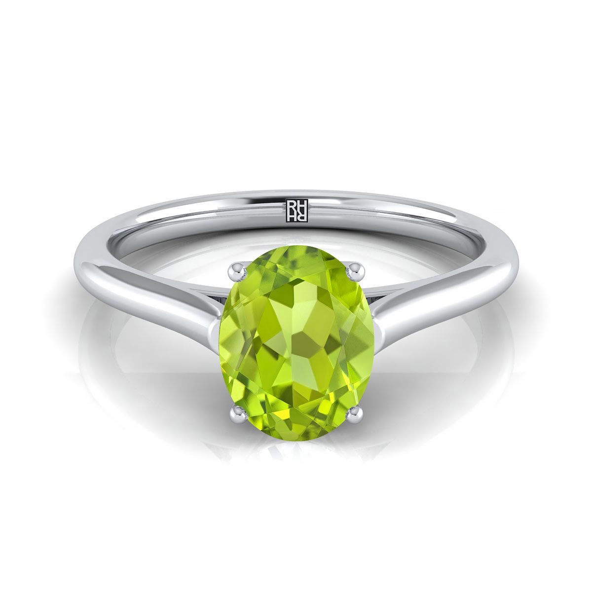18K White Gold Oval Peridot Cathedral Style Comfort Fit Solitaire Engagement Ring