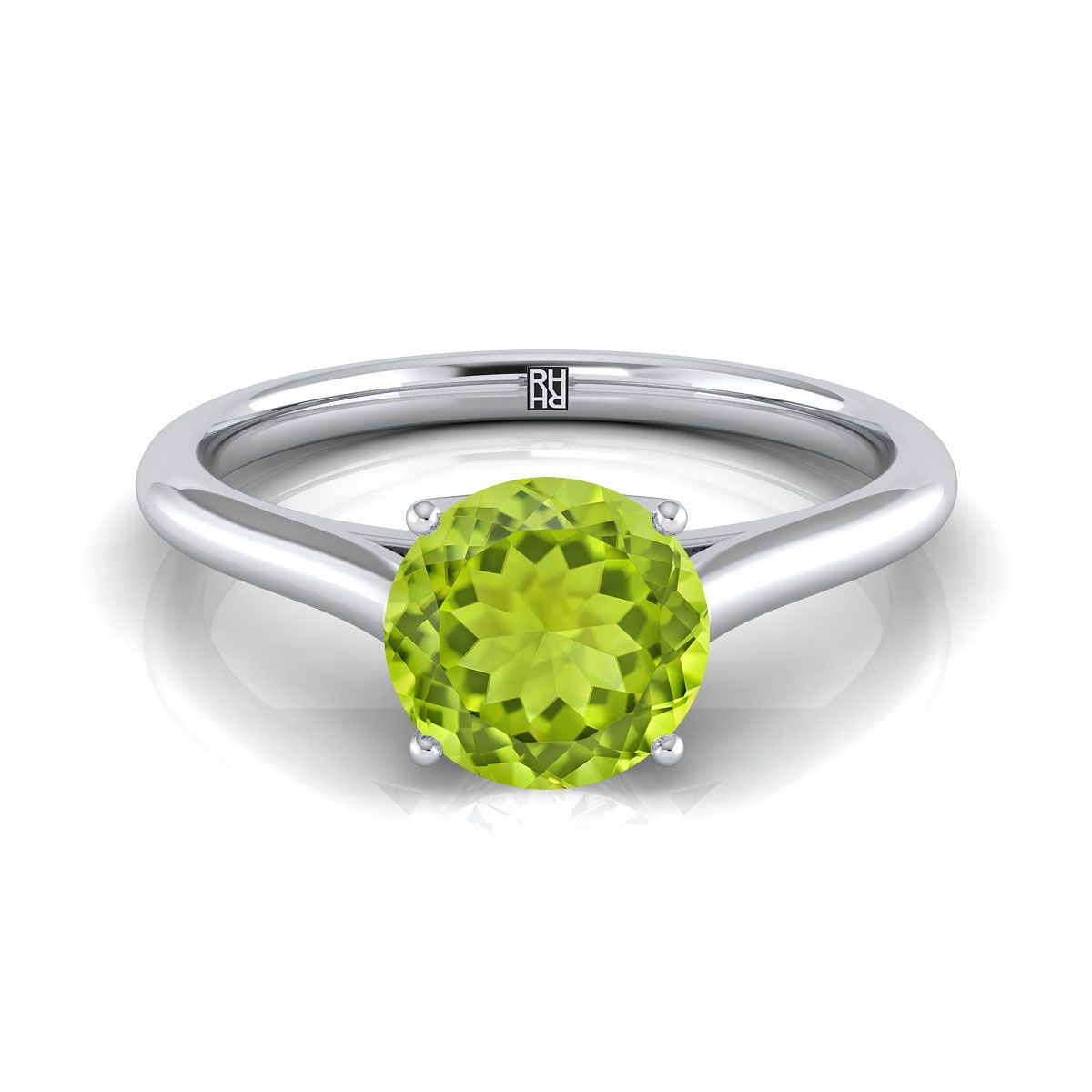 14K White Gold Round Brilliant Peridot Cathedral Style Comfort Fit Solitaire Engagement Ring