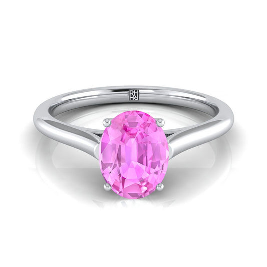 18K White Gold Oval Pink Sapphire Cathedral Style Comfort Fit Solitaire Engagement Ring