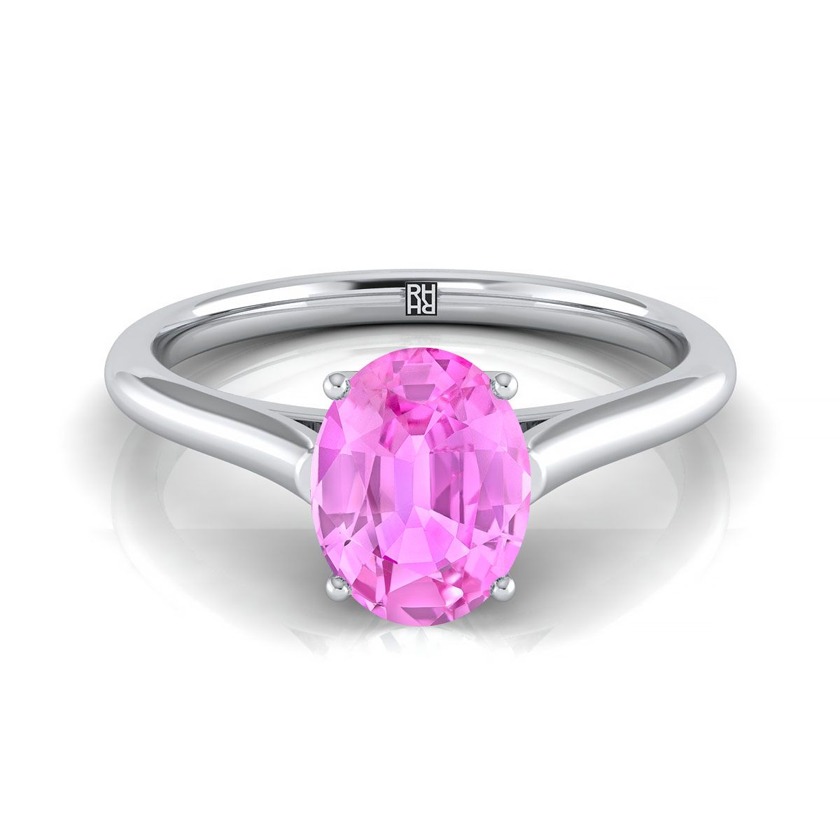 14K White Gold Oval Pink Sapphire Cathedral Style Comfort Fit Solitaire Engagement Ring