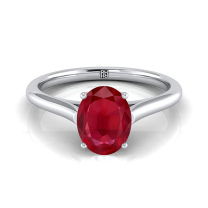 14K White Gold Oval Ruby Cathedral Style Comfort Fit Solitaire Engagement Ring