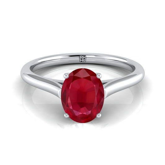 14K White Gold Oval Ruby Cathedral Style Comfort Fit Solitaire Engagement Ring
