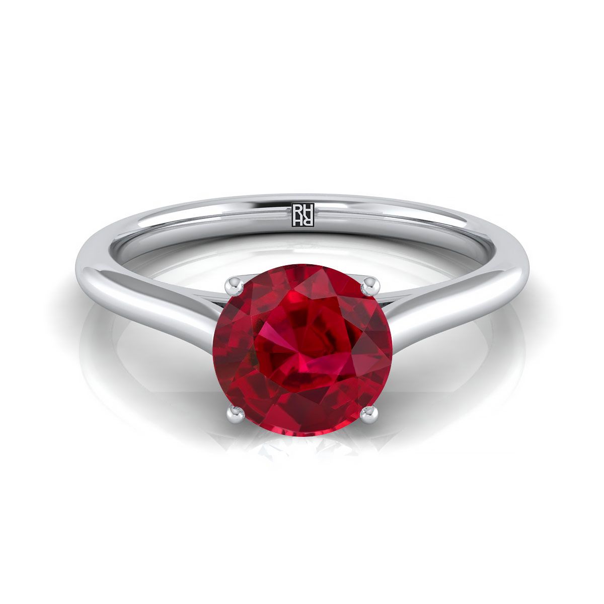 18K White Gold Round Brilliant Ruby Cathedral Style Comfort Fit Solitaire Engagement Ring
