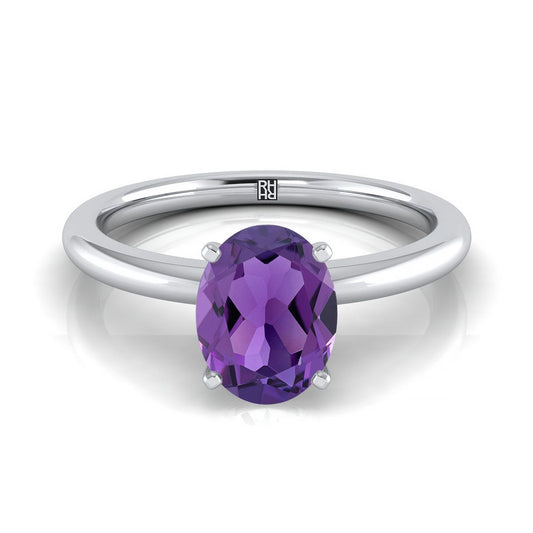 14K White Gold Oval Amethyst Round Comfort Fit Claw Prong Solitaire Engagement Ring