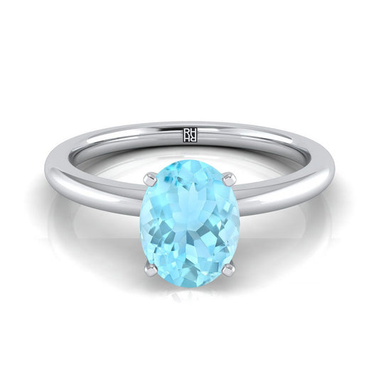 14K White Gold Oval Aquamarine Round Comfort Fit Claw Prong Solitaire Engagement Ring