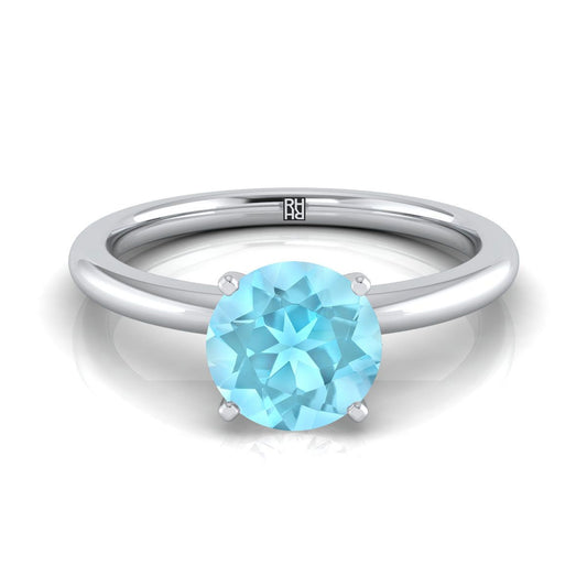 18K White Gold Round Brilliant Aquamarine Round Comfort Fit Claw Prong Solitaire Engagement Ring