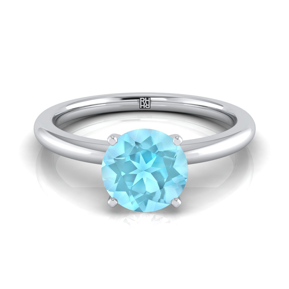 14K White Gold Round Brilliant Aquamarine Round Comfort Fit Claw Prong Solitaire Engagement Ring