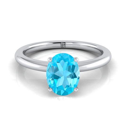 18K White Gold Oval Swiss Blue Topaz Round Comfort Fit Claw Prong Solitaire Engagement Ring