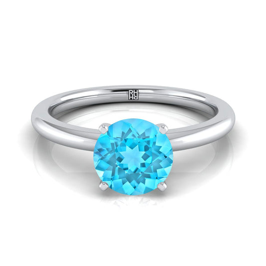 18K White Gold Round Brilliant Swiss Blue Topaz Round Comfort Fit Claw Prong Solitaire Engagement Ring