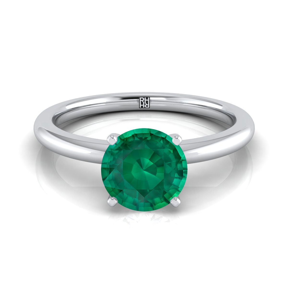 18K White Gold Round Brilliant Emerald Round Comfort Fit Claw Prong Solitaire Engagement Ring