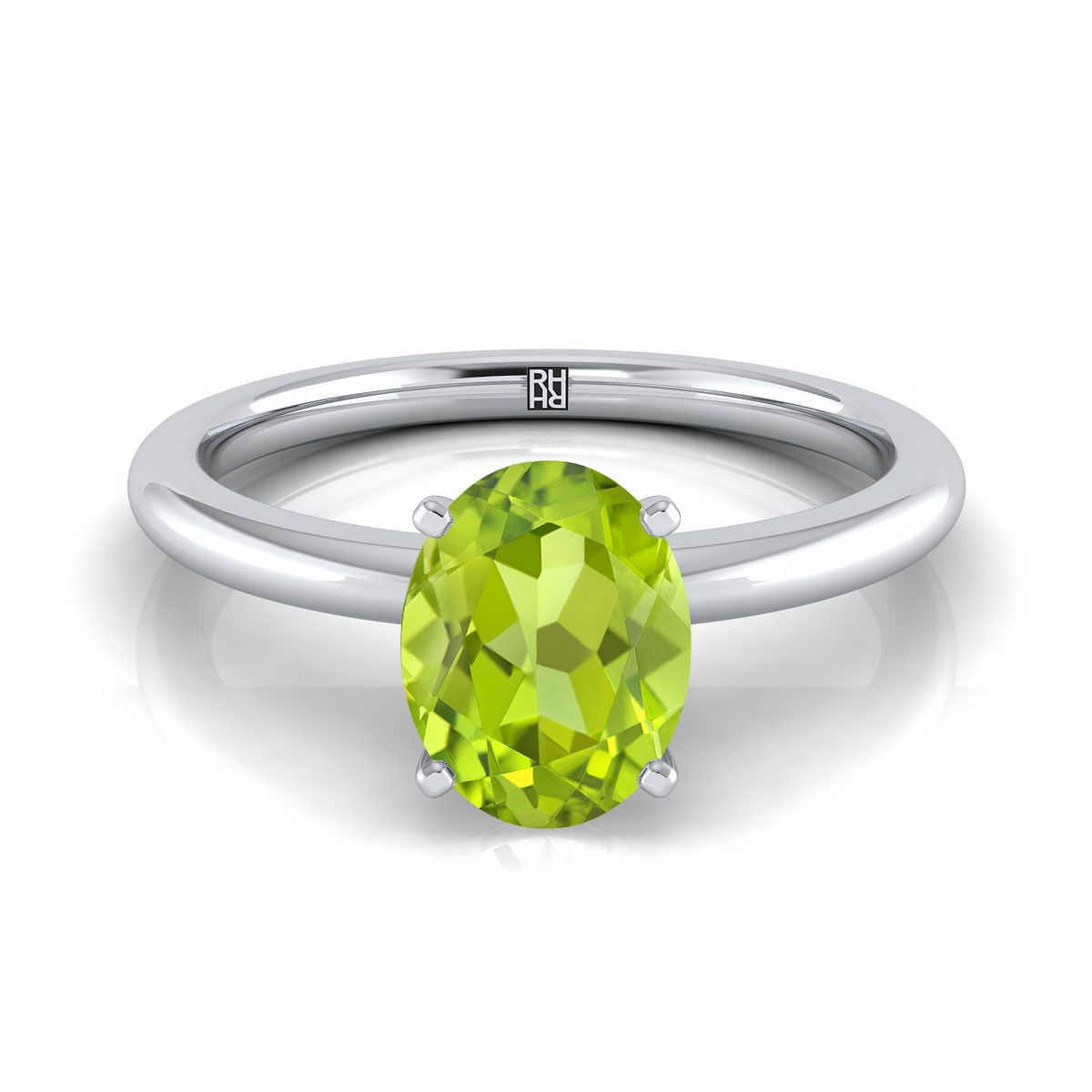 18K White Gold Oval Peridot Round Comfort Fit Claw Prong Solitaire Engagement Ring