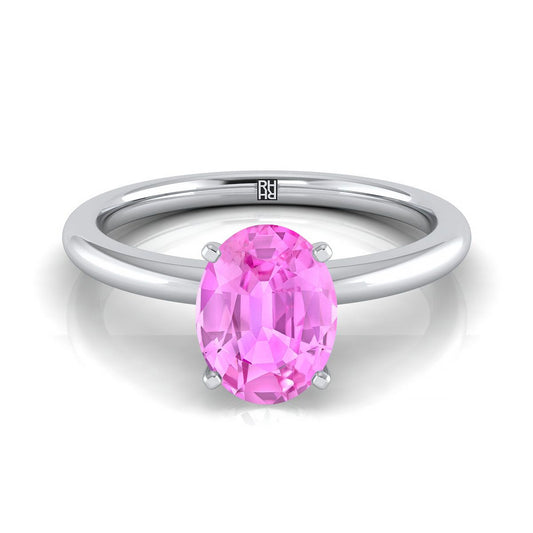 18K White Gold Oval Pink Sapphire Round Comfort Fit Claw Prong Solitaire Engagement Ring