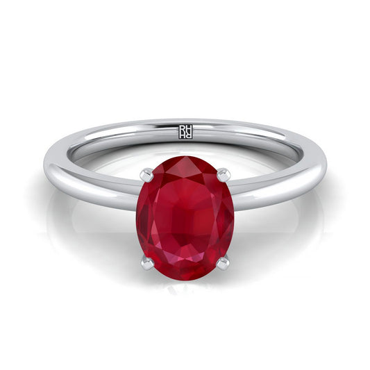 18K White Gold Oval Ruby Round Comfort Fit Claw Prong Solitaire Engagement Ring