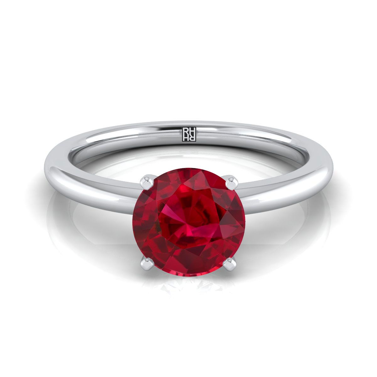 18K White Gold Round Brilliant Ruby Round Comfort Fit Claw Prong Solitaire Engagement Ring