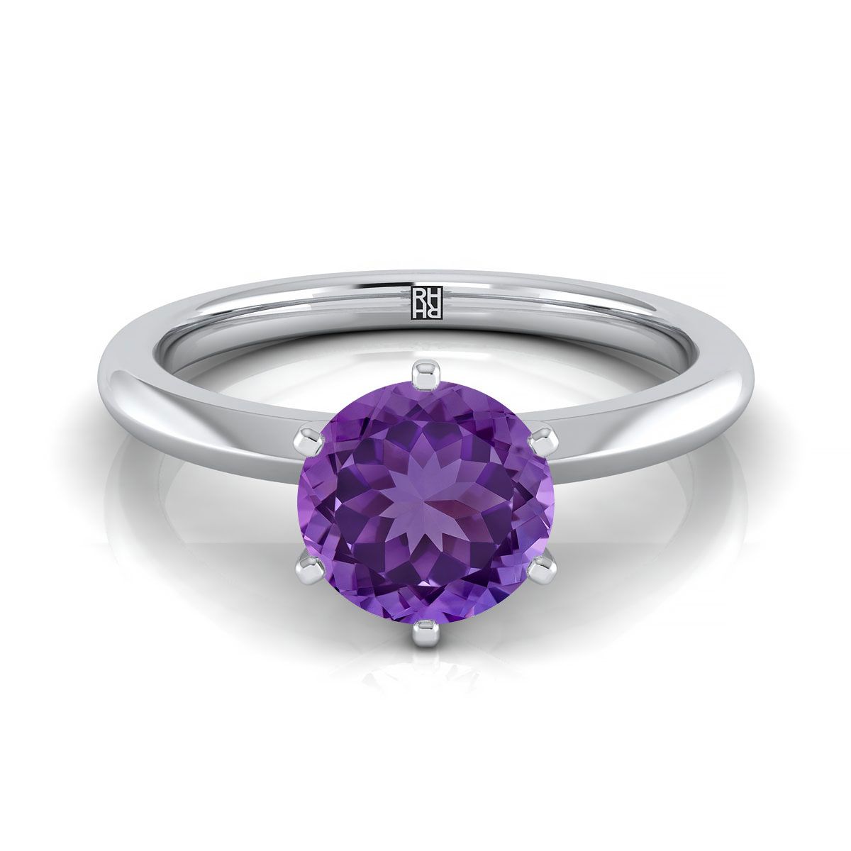 Platinum Round Brilliant Amethyst Pinched Comfort Fit Claw Prong Solitaire Engagement Ring