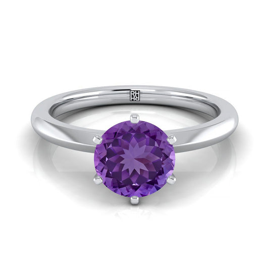Platinum Round Brilliant Amethyst Pinched Comfort Fit Claw Prong Solitaire Engagement Ring