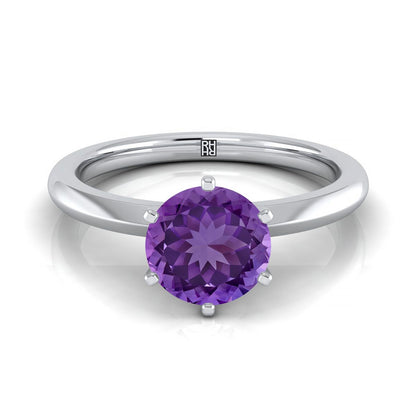 18K White Gold Round Brilliant Amethyst Pinched Comfort Fit Claw Prong Solitaire Engagement Ring