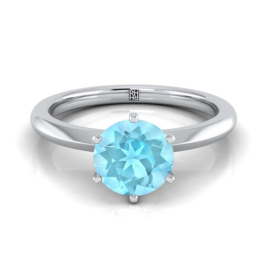 18K White Gold Round Brilliant Aquamarine Pinched Comfort Fit Claw Prong Solitaire Engagement Ring