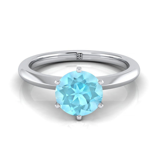 Platinum Round Brilliant Aquamarine Pinched Comfort Fit Claw Prong Solitaire Engagement Ring
