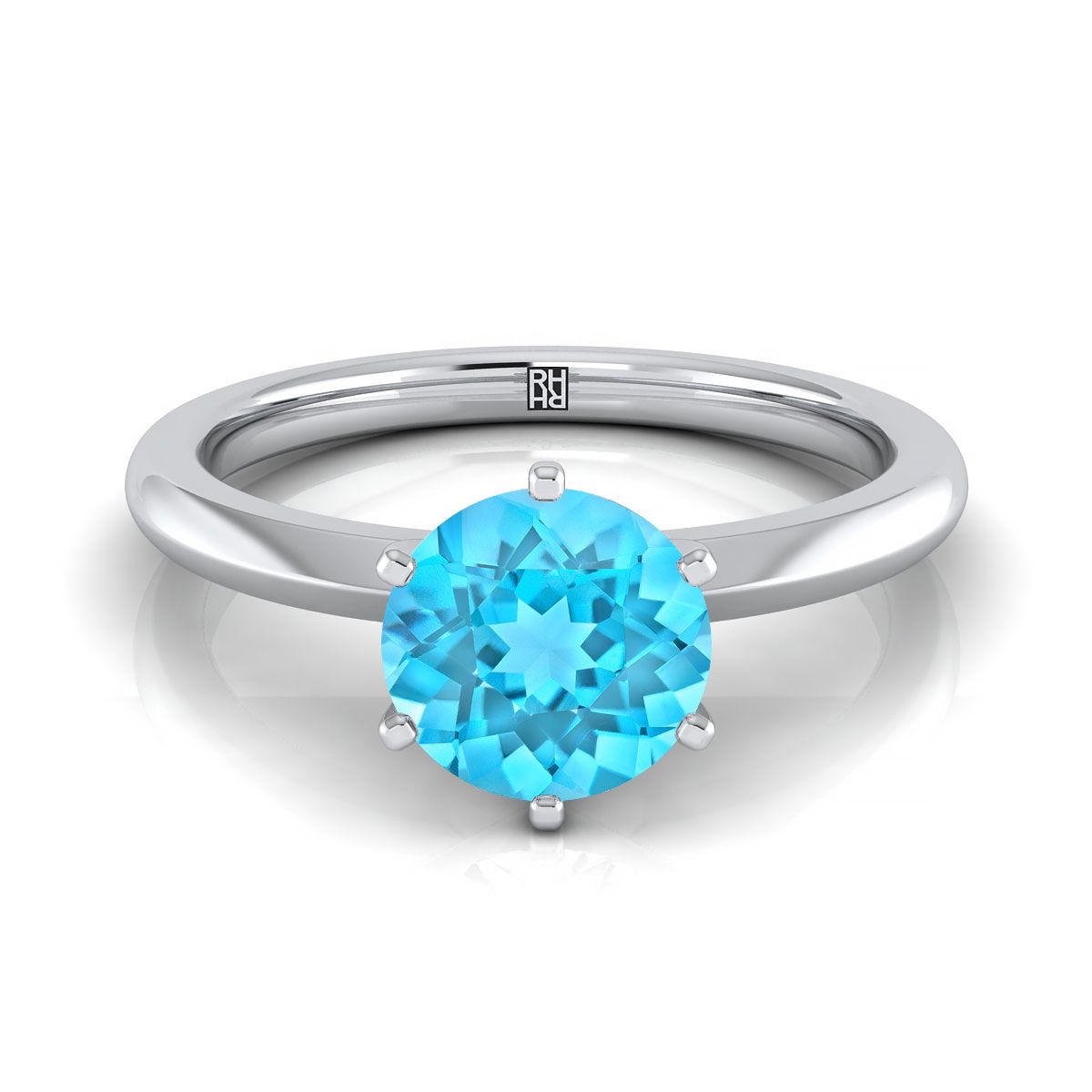 14K White Gold Round Brilliant Swiss Blue Topaz Pinched Comfort Fit Claw Prong Solitaire Engagement Ring