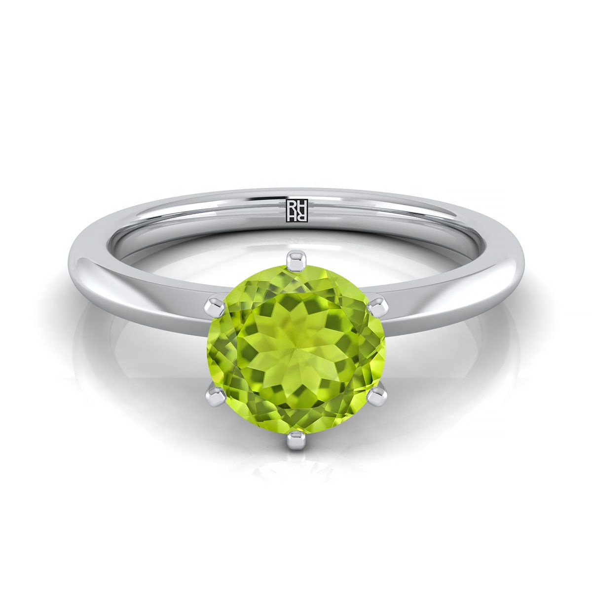 Platinum Round Brilliant Peridot Pinched Comfort Fit Claw Prong Solitaire Engagement Ring