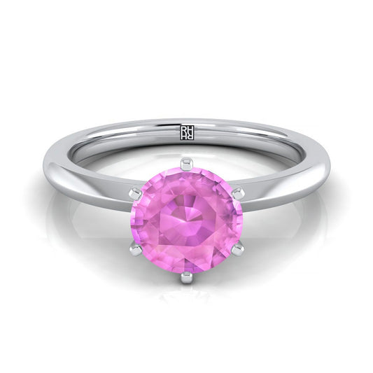 Platinum Round Brilliant Pink Sapphire Pinched Comfort Fit Claw Prong Solitaire Engagement Ring