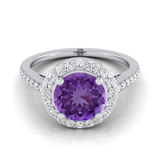 18K White Gold Round Brilliant Amethyst French Pave Halo Secret Gallery Diamond Engagement Ring -3/8ctw