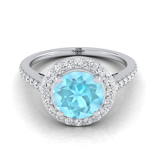 14K White Gold Round Brilliant Aquamarine French Pave Halo Secret Gallery Diamond Engagement Ring -3/8ctw