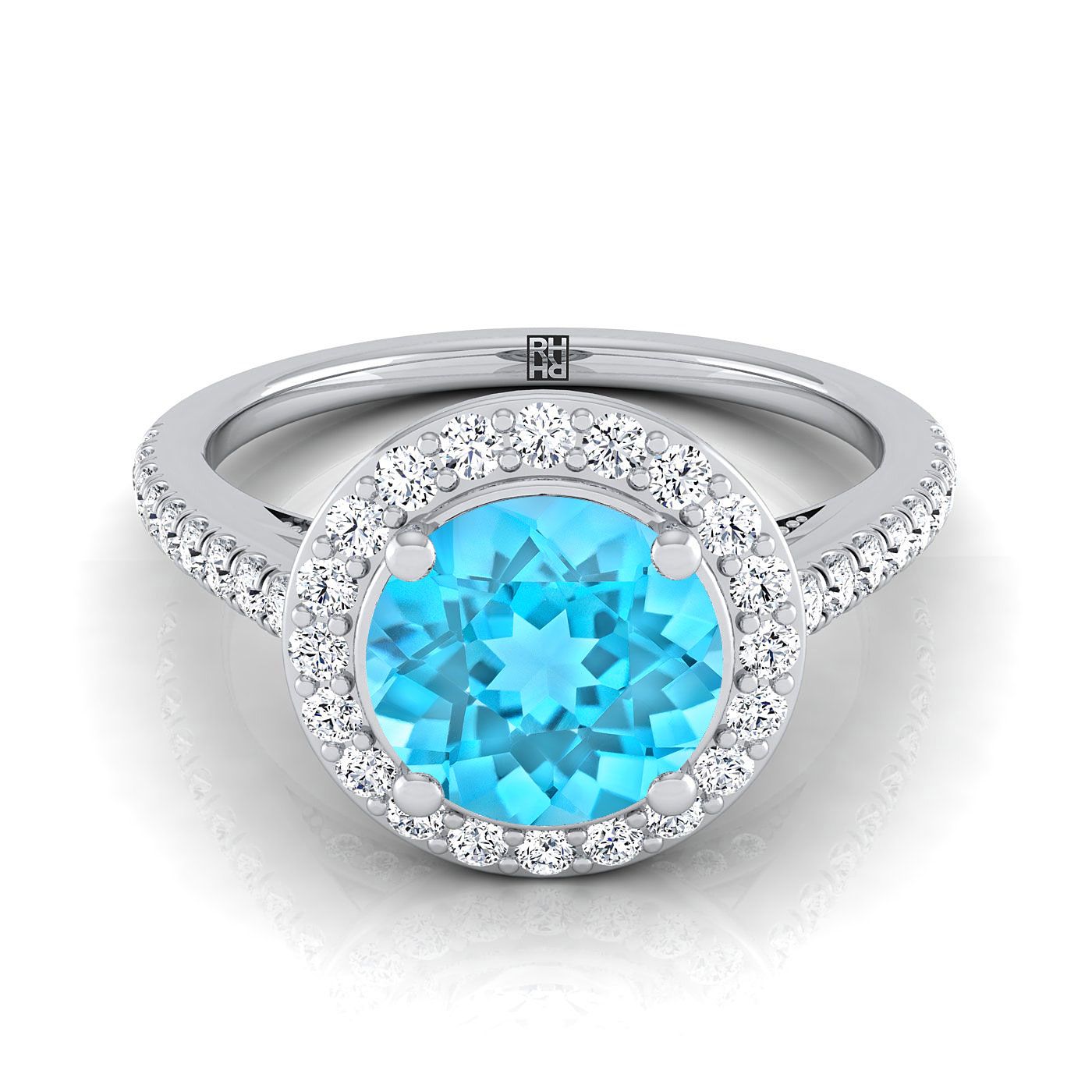 14K White Gold Round Brilliant Swiss Blue Topaz French Pave Halo Secret Gallery Diamond Engagement Ring -3/8ctw