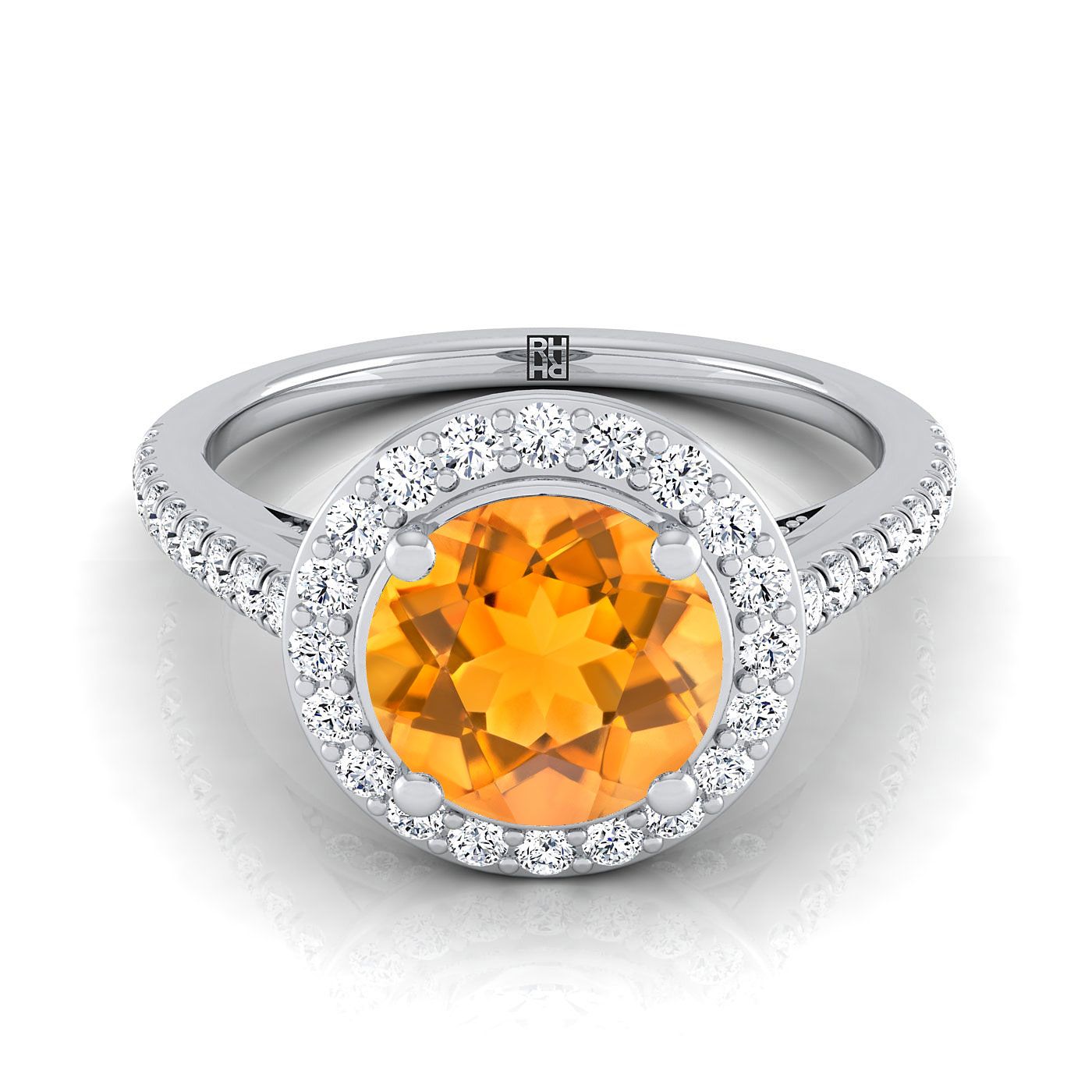 18K White Gold Round Brilliant Citrine French Pave Halo Secret Gallery Diamond Engagement Ring -3/8ctw