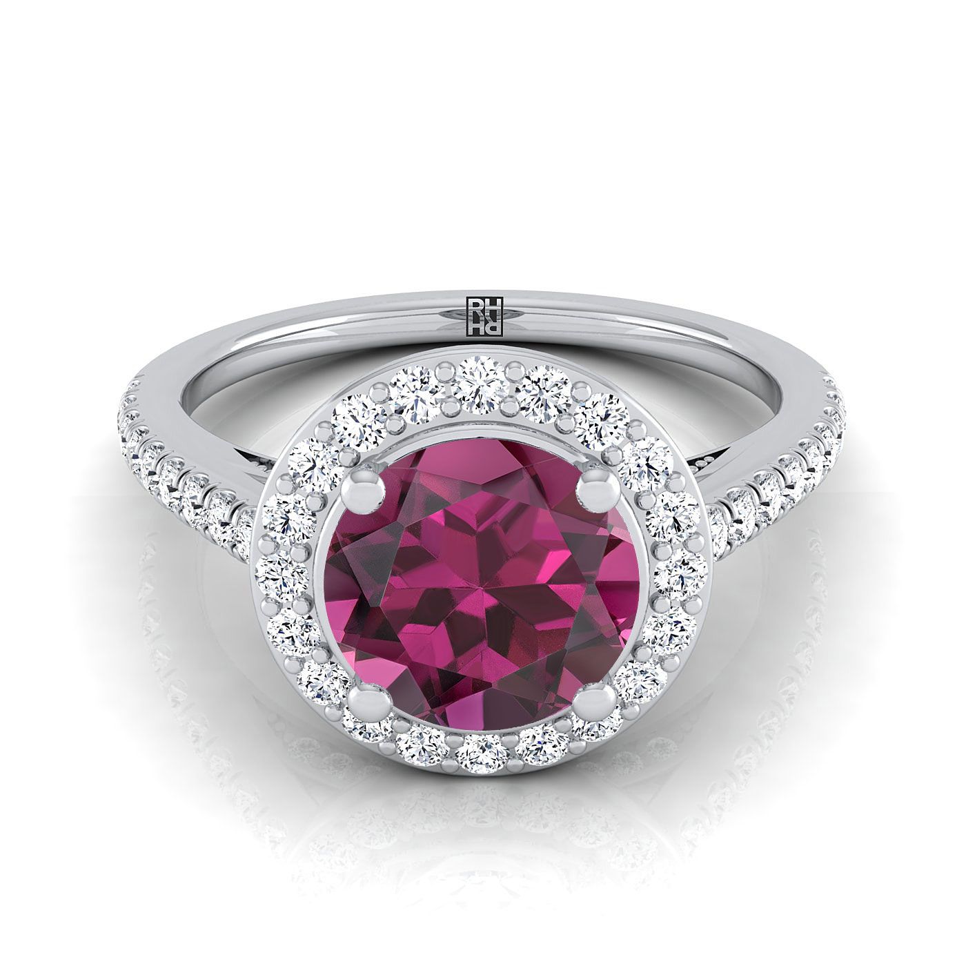 14K White Gold Round Brilliant Garnet French Pave Halo Secret Gallery Diamond Engagement Ring -3/8ctw