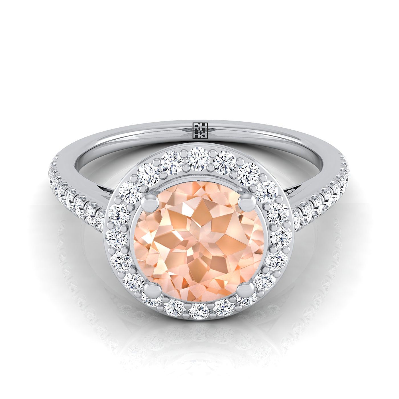 Platinum Round Brilliant Morganite French Pave Halo Secret Gallery Diamond Engagement Ring -3/8ctw