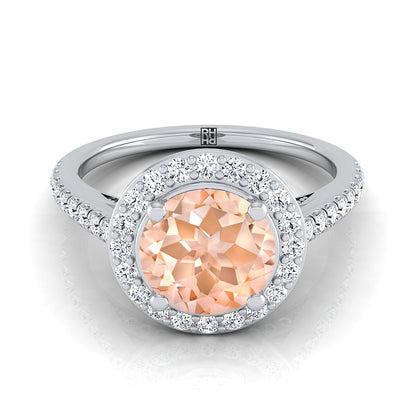 14K White Gold Round Brilliant Morganite French Pave Halo Secret Gallery Diamond Engagement Ring -3/8ctw