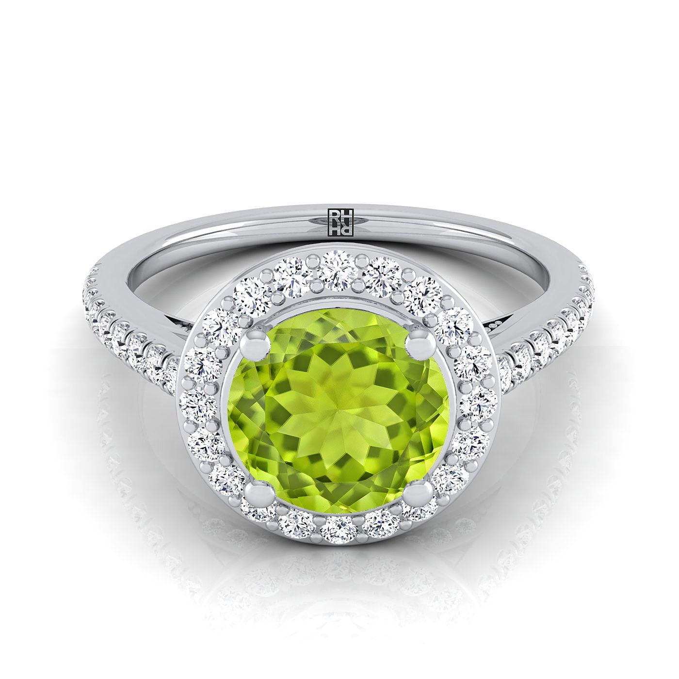 18K White Gold Round Brilliant Peridot French Pave Halo Secret Gallery Diamond Engagement Ring -3/8ctw