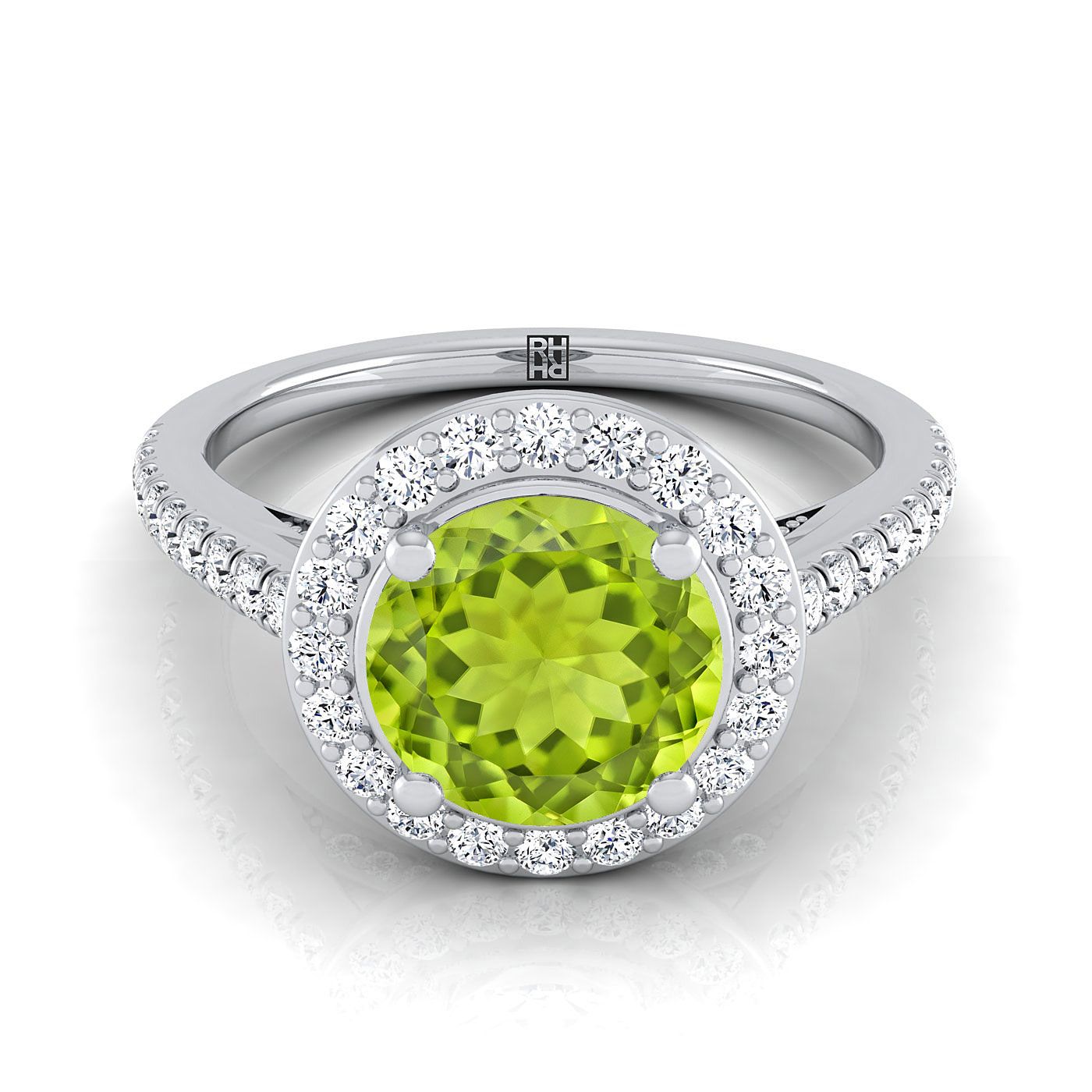14K White Gold Round Brilliant Peridot French Pave Halo Secret Gallery Diamond Engagement Ring -3/8ctw