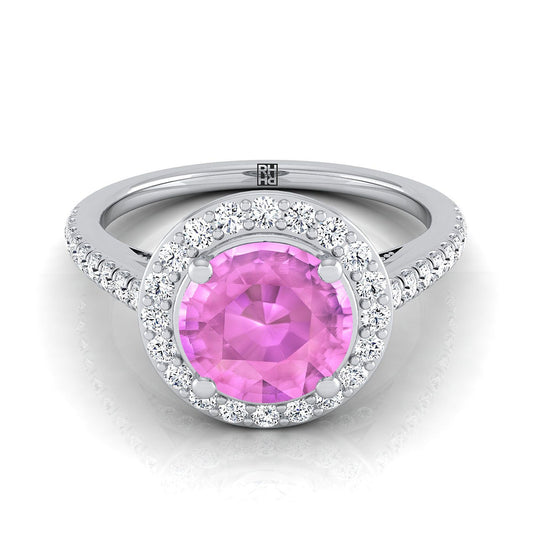 Platinum Round Brilliant Pink Sapphire French Pave Halo Secret Gallery Diamond Engagement Ring -3/8ctw