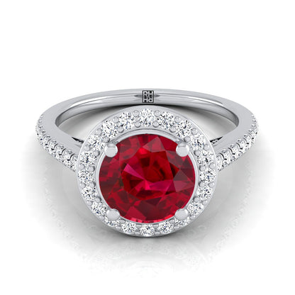 Platinum Round Brilliant Ruby French Pave Halo Secret Gallery Diamond Engagement Ring -3/8ctw