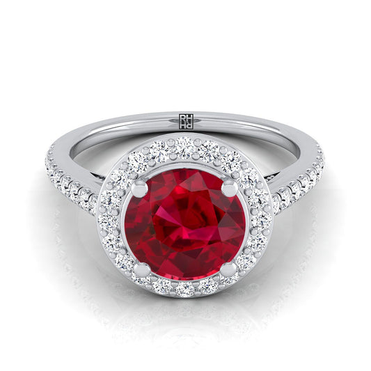 Platinum Round Brilliant Ruby French Pave Halo Secret Gallery Diamond Engagement Ring -3/8ctw