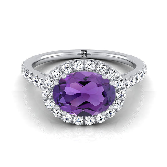 Platinum Oval Amethyst Horizontal Fancy East West Diamond Halo Engagement Ring -1/2ctw