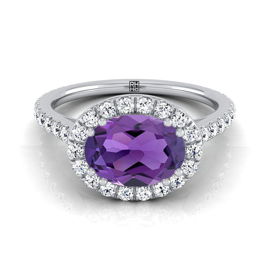 18K White Gold Oval Amethyst Horizontal Fancy East West Diamond Halo Engagement Ring -1/2ctw