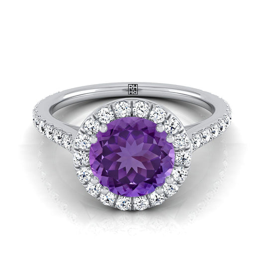 18K White Gold Round Brilliant Amethyst Horizontal Fancy East West Diamond Halo Engagement Ring -1/2ctw