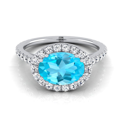 18K White Gold Oval Swiss Blue Topaz Horizontal Fancy East West Diamond Halo Engagement Ring -1/2ctw