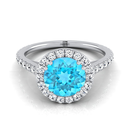 14K White Gold Round Brilliant Swiss Blue Topaz Horizontal Fancy East West Diamond Halo Engagement Ring -1/2ctw